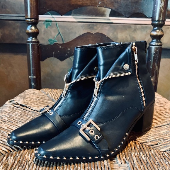 ✨Black Moto Ankle Boots Gold Zips Buckle Studs✨6.5 - Picture 13 of 13